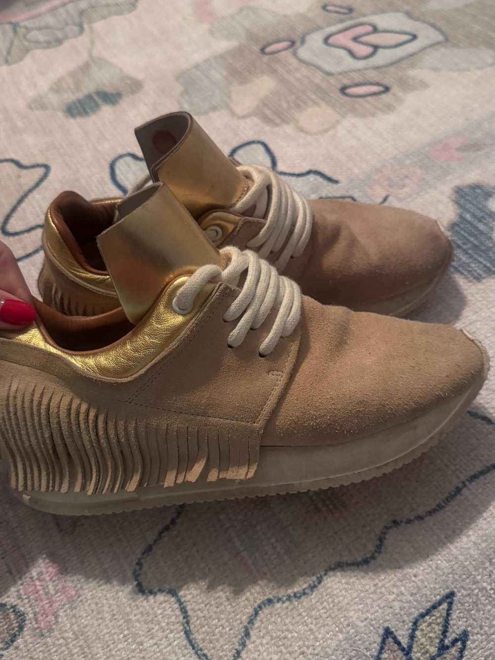 Esseutesse- Fringe Suede Sneakers with Metallic Gold Accent